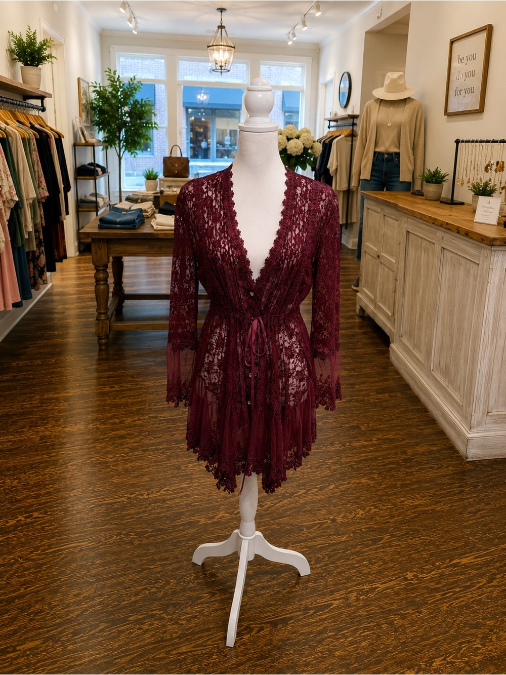 Adore Burgundy Floral Lace Tunic Top Size Large Bell Sleeves Velvet Tie